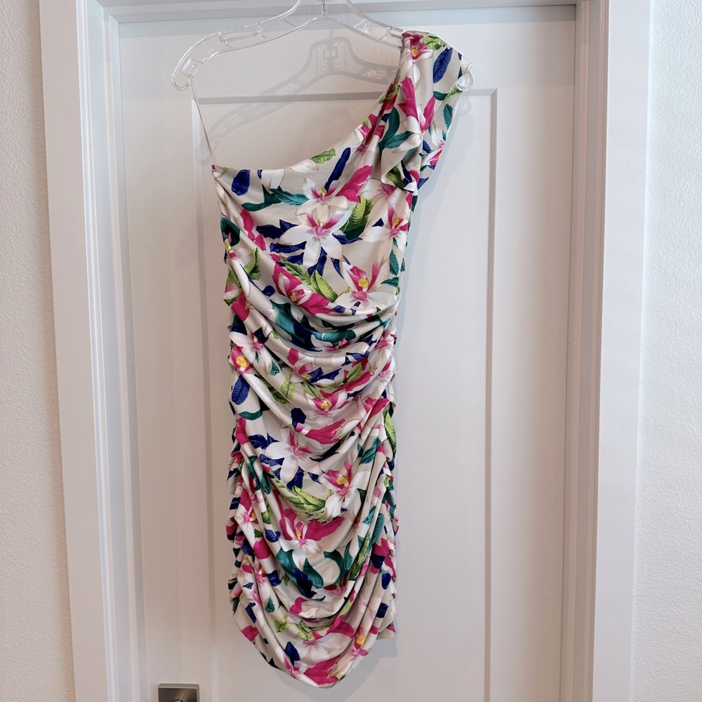 Express one shoulder ruched floral dress